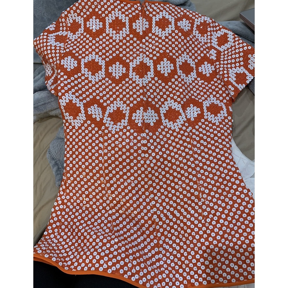 Vintage  Pierre Cardin 1960s Orange & White Sequin Geometric Silk Op Art Mod Top - Picture 9 of 9